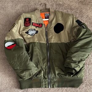 Men's Olive and Tan Bomber Jacket with Patches